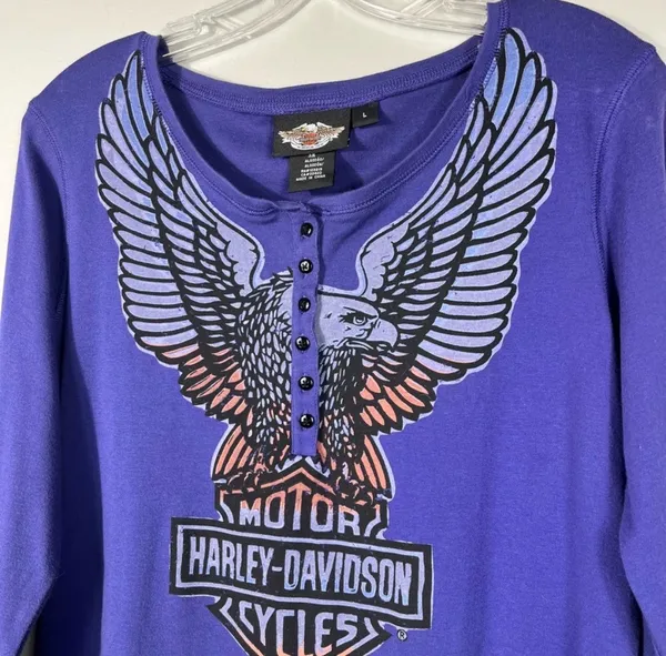 Harley-Davidson Y2K Henley Purple Eagle Graphic Fitted Long Sleeve Top Large L - Image 2