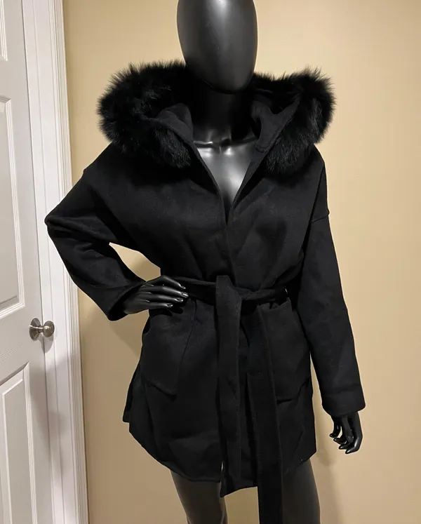 Fox Fur Winter Trench Coat Wool Jacket Parka Bomber Fall Jacket Warm Cardigan Black Size M - Image 6
