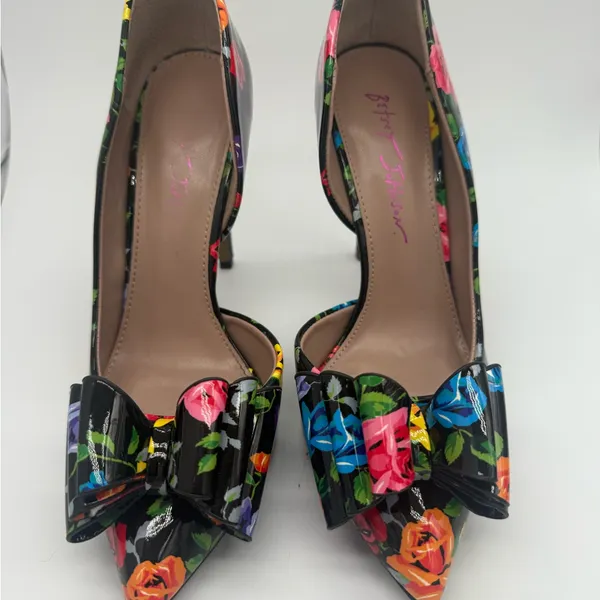 Betsey Johnson Vibrant Floral Rose Bow Multicolor 4" High Heels Shoes Size 7 M - Image 2