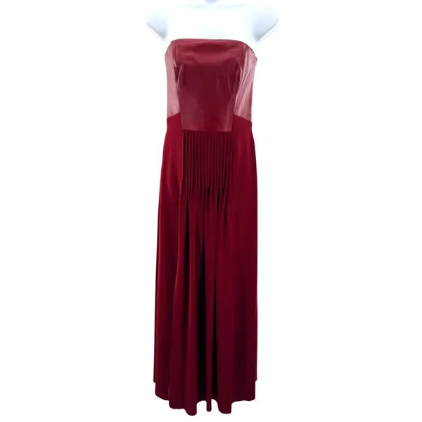 Sachin & Babi Burgundy Lamb Leather Silk‎ Strapless Pleated Maxi Dress Size 4 - Image 2