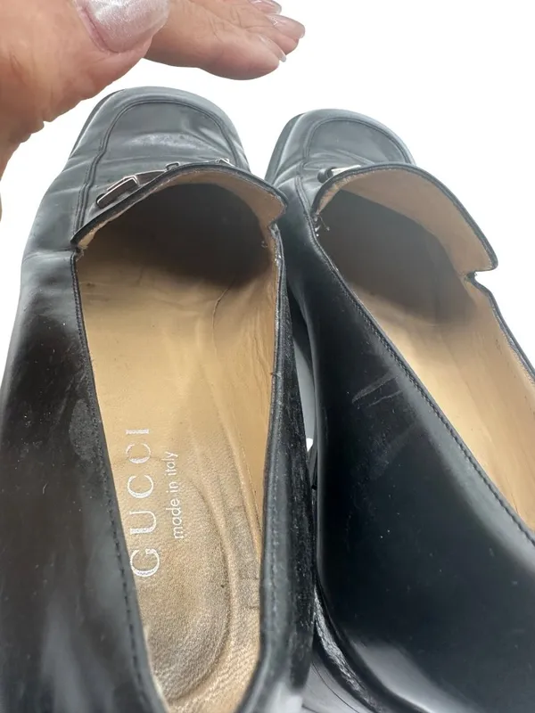 Gucci Size 9.5 Leather Block Heel Loafers Metal Buckle Details Black - Image 14