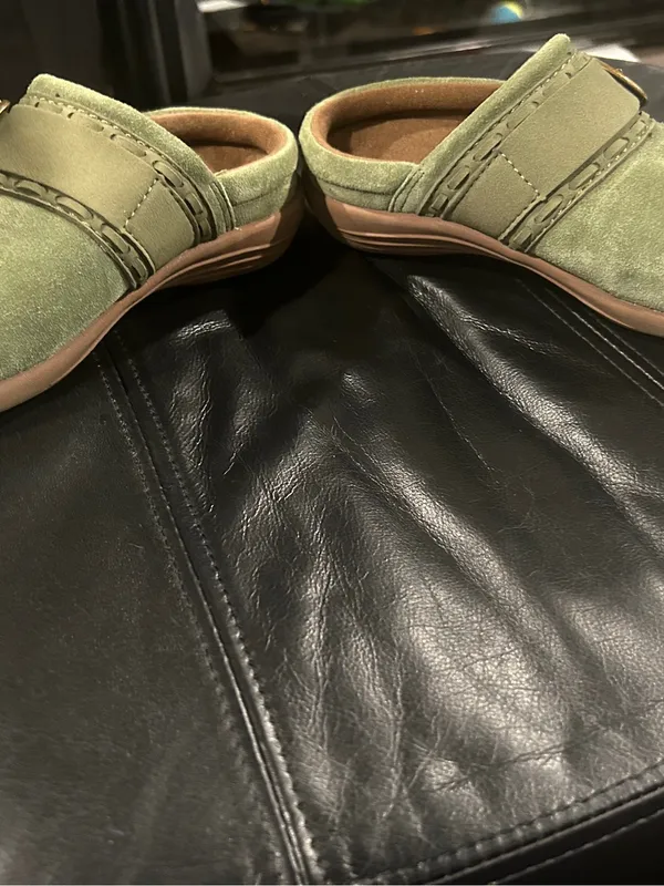 REVITALIGN Olive Green Suede Buckle Clog Mules - Image 6