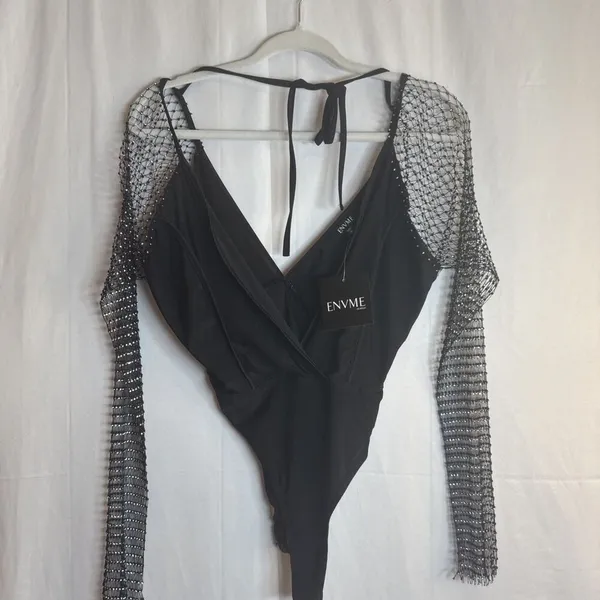 ENVME BLACK STRETCH RHINESTONE MESH BODYSUIT SNAP CROTCH Size Small NWT - Image 16