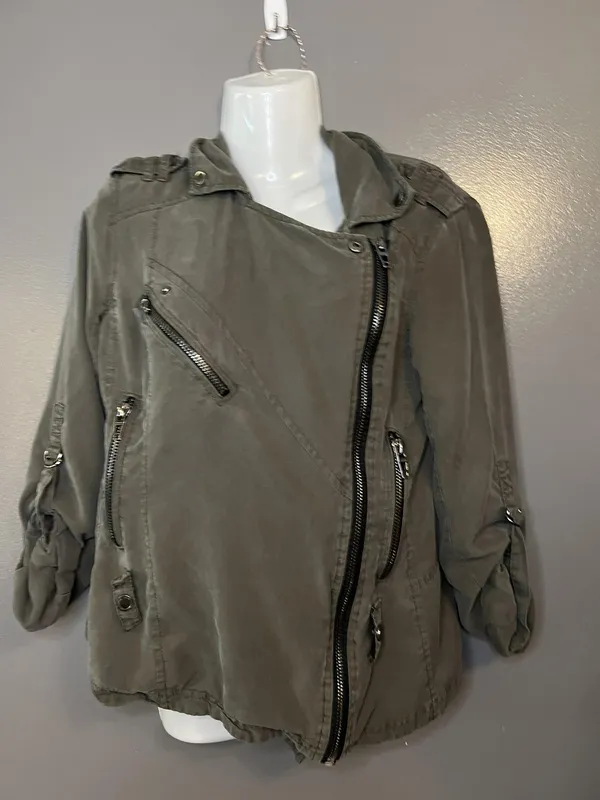 BLANKNYC Jacket Womens XS Green Twill Asymmetrical Zip Moto Biker Lined Utility - Image 2