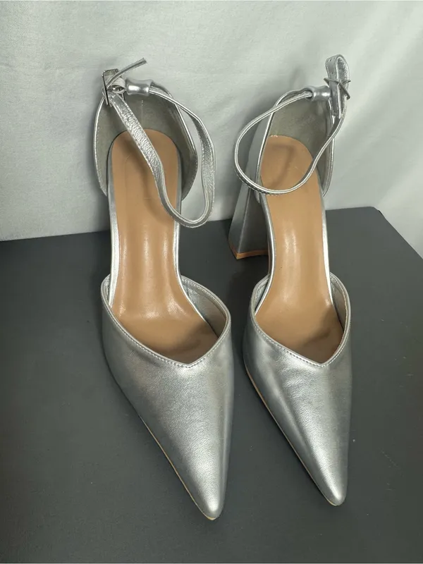 Silver Pointed-Toe wedding party elegant Block Heel Ankle Strap Pump Size 39 - Image 2