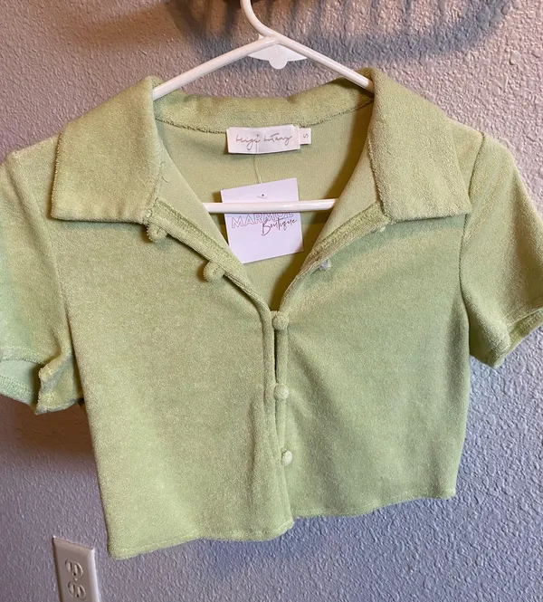 Boutique Terry Cloth Crop Top Green - Image 2