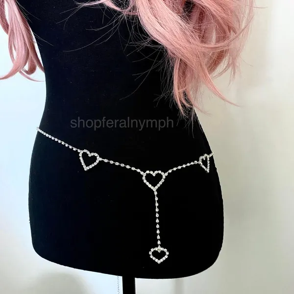 Silver Y2K Rhinestone Heart Drop Chain Belt, Fits 33-44.5 Inches, X7GA1269 - Image 4