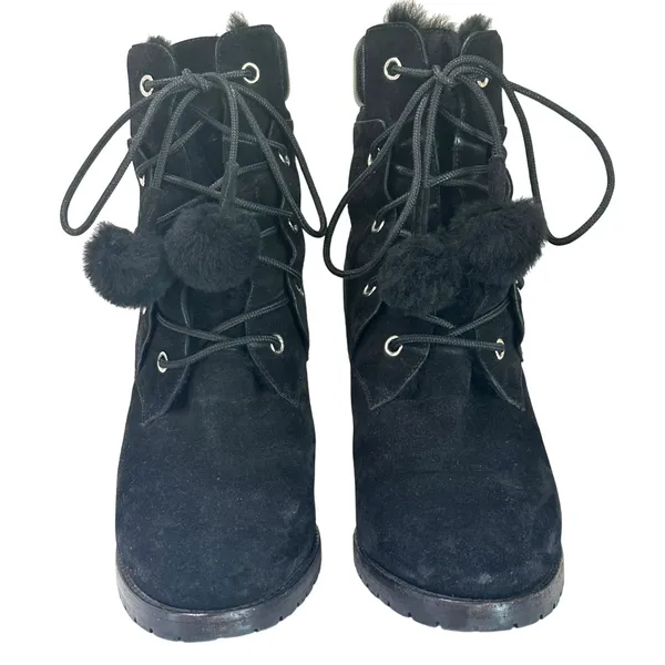Jimmy Choo Elba 95 Black Suede Fur Pom Pom Lace-Up Boots Size IT‎ 37 US 7 - Image 2