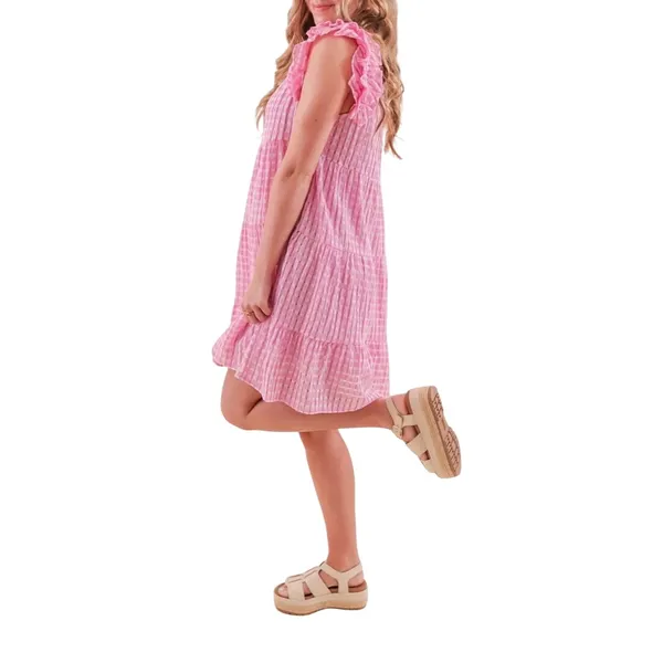 Entro Pink Plaid‎ Checkered Gingham Dress Small Tiered Babydoll Mini Ruffle Neck - Image 12