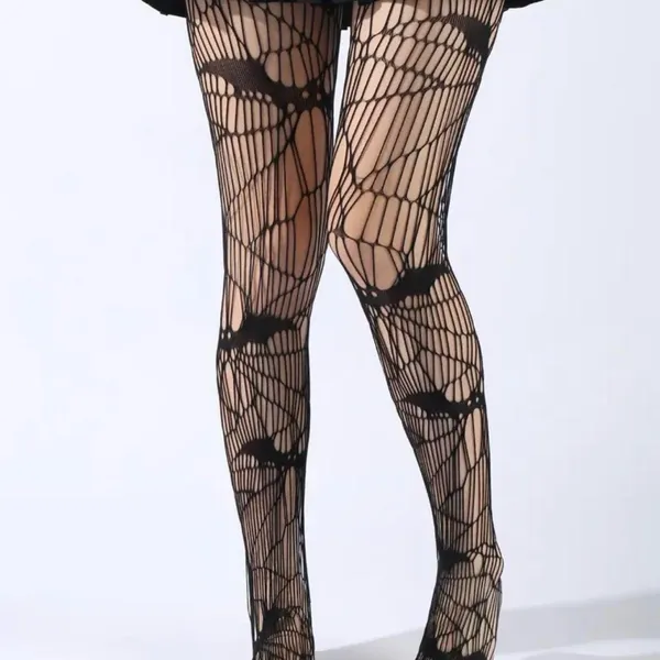 Black Bat Patterned Fishnet Tights, High Waist Footed Pantyhose‎ One Size - Image 5