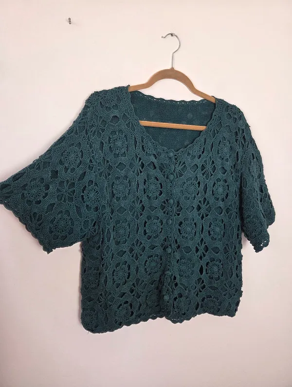 Noile Silk Exchange Blend Teal Green Floral Crochet Sweater Grannycore Cottage - Image 2