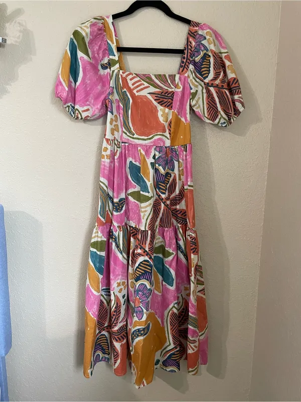Vibrant Tropical Abstract Print Puff Sleeve Tiered Dress Square Neck Size XS - Image 5