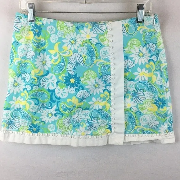 Lilly Pulitzer Blue Floral Shell Beach Coastal Print Skort Shorts Mini Skirt 8 - Image 2