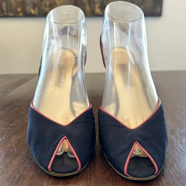 Casadei Vintage Navy Silk Slingback Heels Pink Leather Piping Women’s Size 9 - Image 2