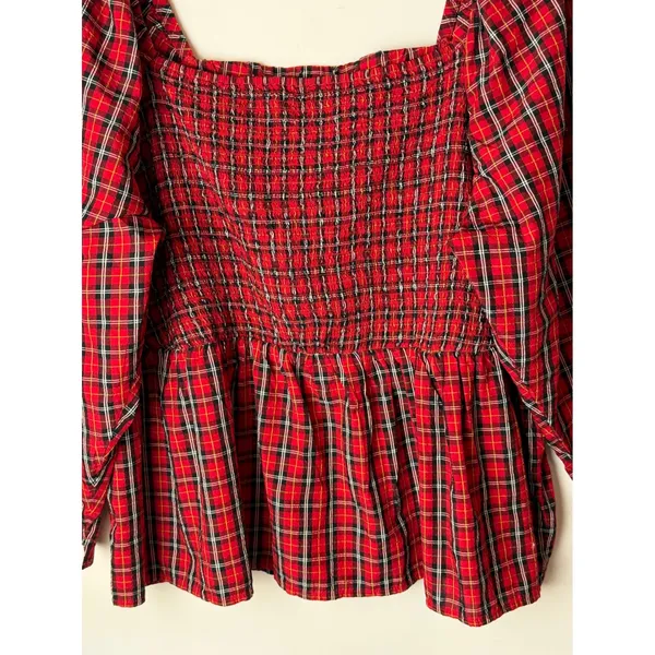 Old Navy Smocked Peplum Top Women 4X Red Tartan Plaid Square Neck Holiday Preppy - Image 7
