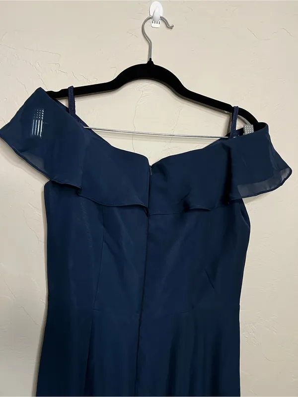 NWT JJs House Navy Blue Chiffon Off Shoulder Ruffle Front Slit Formal Maxi Dress - Image 8