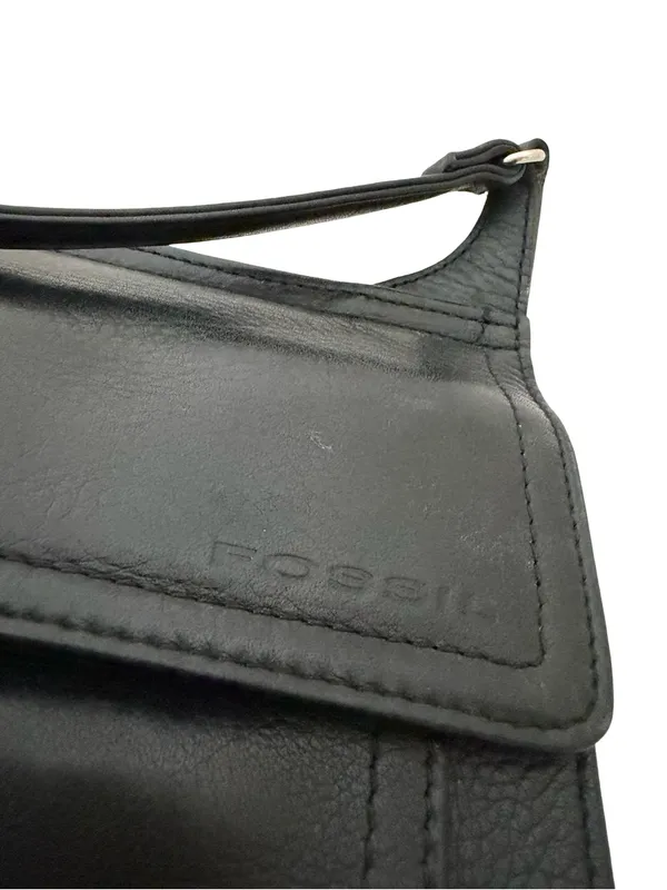 Fossil Black Leather Flap Front Crossbody Bag Long Strap Pocket One Size Women's - Image 4