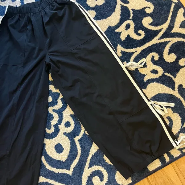 Black Nylon Track Pants with White Side Ties Down Leg New Size XS - Image 3