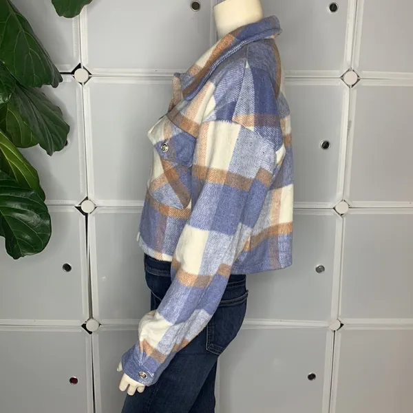 Plaid Print Drop Shoulder Crop Overcoat Size Large Blue - Image 5