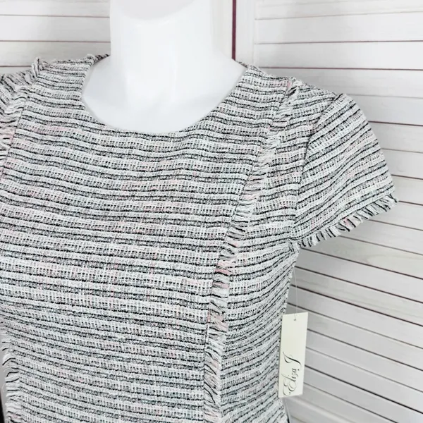Eliza J Spring Tweed Fringe Hem Fit‎ Flare Dress White Pink Black Size 12 - Image 7