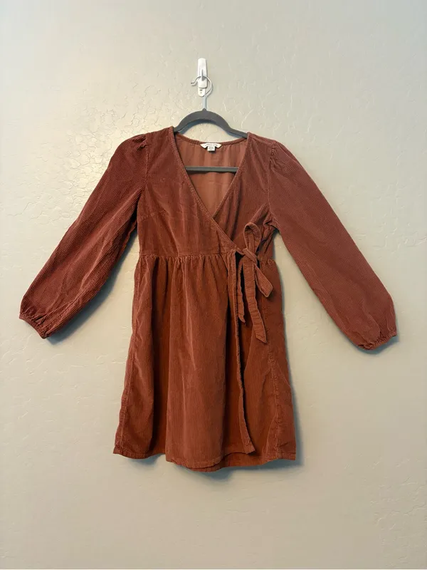 American Eagle brown corduroy wrap mini dress size small fall autumn preppy - Image 2