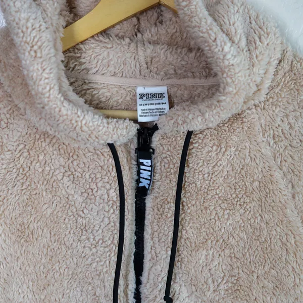 PINK Victoria's Secret Sherpa Teddy‎ Fleece Hoodie XS Beige Quarter Zip Pullover - Image 8