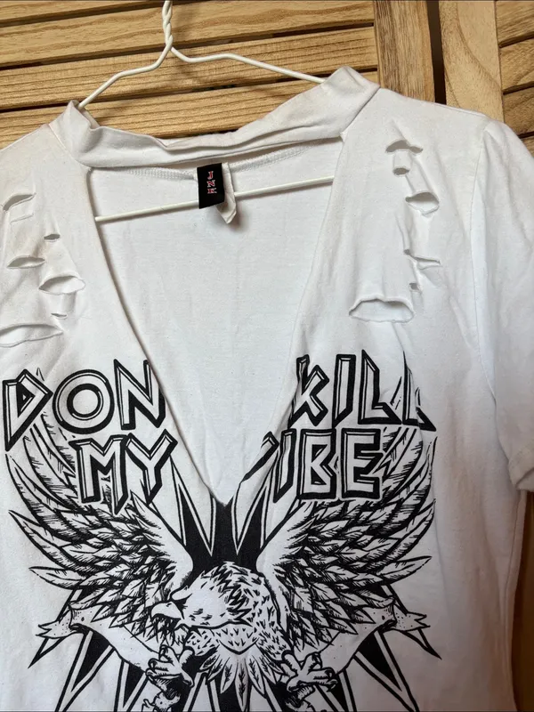 Women’s White Graphic V-Neck Tee - Don’t Kill My Vibe Junior Large - Image 4