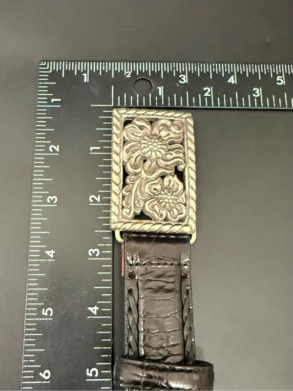 Vintage BRIGHTON 97033 Black Embossed Croc Leather Floral Buckle Belt Size ML 32 - Image 8