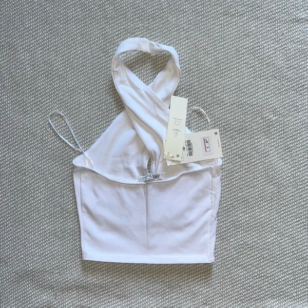 Zara White V Neck Cotton Cropped Halter Top Sz M - Image 3