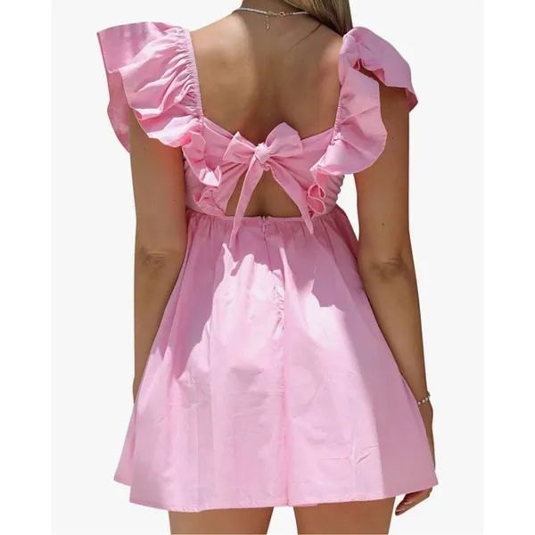 NEW Deep V Neck Ruffle Sleeve Mini Backless Dress L Pink Size L - Image 2