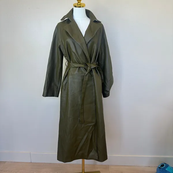 Rosetta Getty Olive Green Faux Leather Trench Coat SMALL Belted Office Work $555 - Image 9