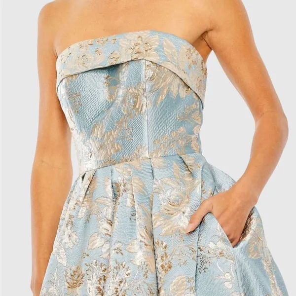 MAC DUGGAL 20726 Light Blue Strapless Brocade Midi Dress with Pockets Size 2 - Image 6