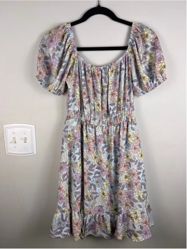 Coquette Praire Floral Babydoll Mini Dress Cottagecore Puff Sleeve Small - Image 6