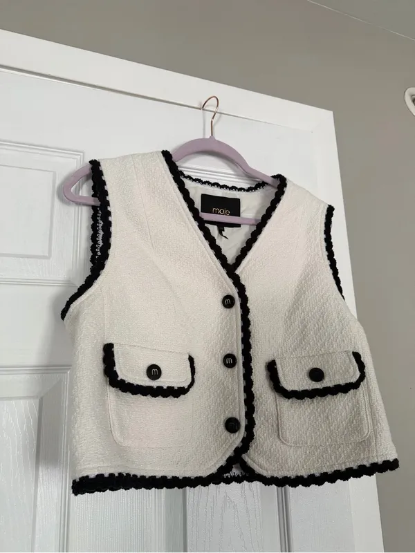 Maje Vitosio Tweed Vest Jacket Cream Black Lace Trim EU40 - Image 2