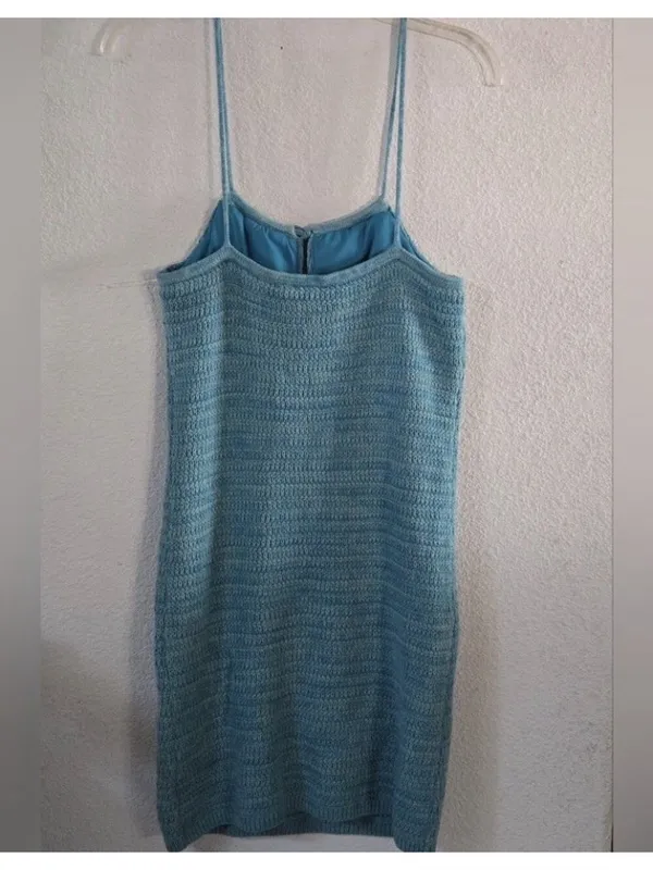 Olive + Oak Sz M Crochet Knit Mini Dress Marled Turquoise Tie Front Lined NWT - Image 3