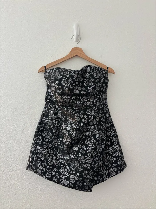 Minkpink Magic Touch Black Metallic Floral Print strapless romper new nwt - Image 2