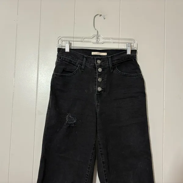 Levi’s Mile High Wide Leg Crop Jeans Black Button Fly Raw Hem High Rise Size 26 - Image 3