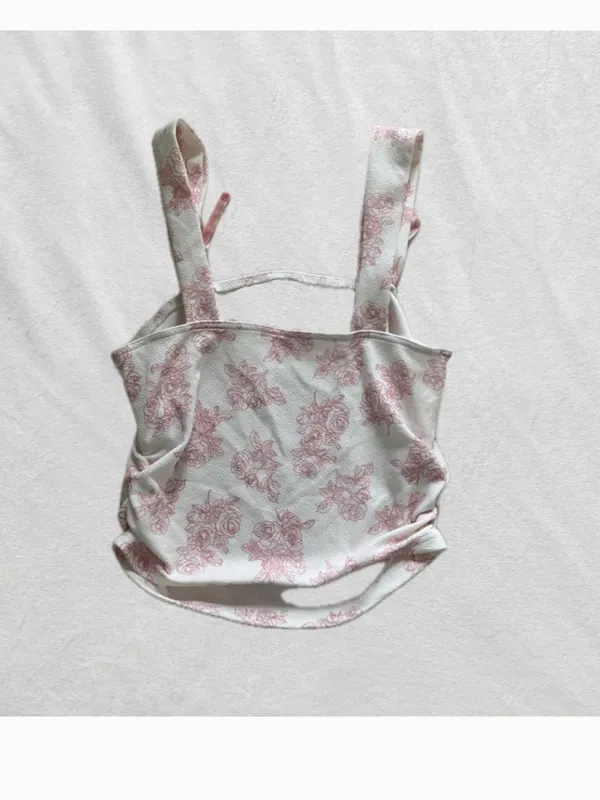 pink and white floral chinoiserie velvet bow tank top - Image 4