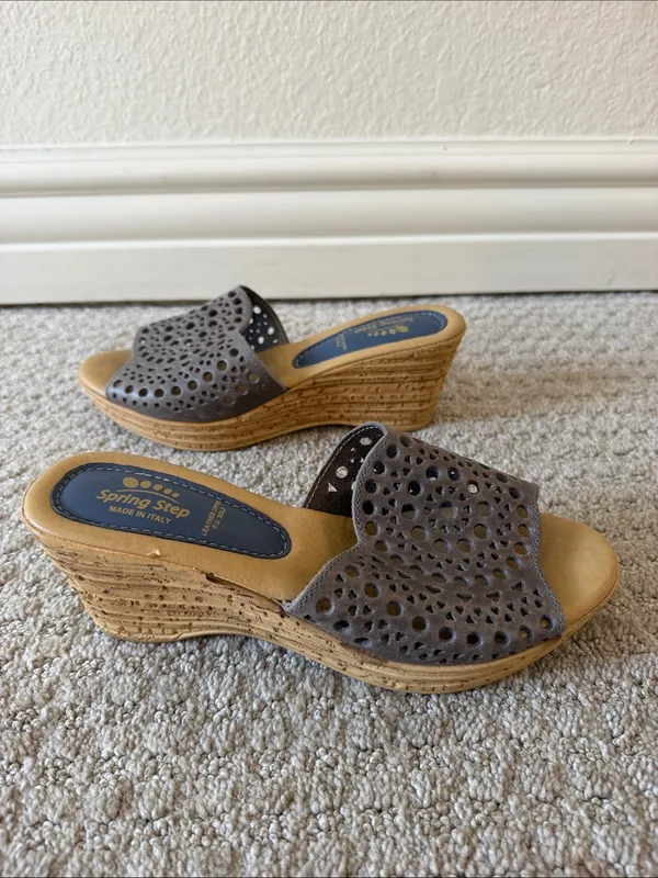Spring Step Estella Gray Laser Cut Leather Wedge Slide Sandals Size Euro 38 - Image 7