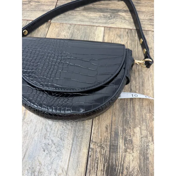 MNG Mango Black Crocodile Embossed Half Moon Shoulder Bag Gold Hardware - Image 7