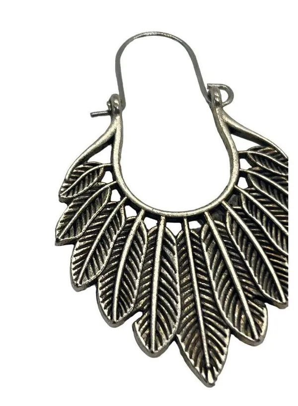 Silver Tone Feather Hoop Earrings Dangle Wire 2" Long Boho Hippie Southwestern - Image 2