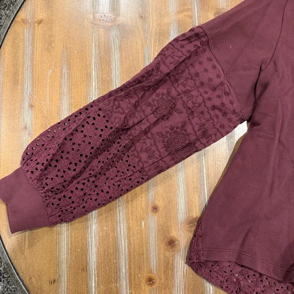Anthropologie Plum Eyelet Yoke V Neck Pullover Sweatshirt Women's Size L Cotton - Image 6