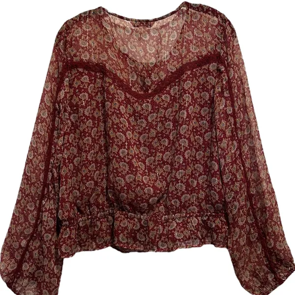 NWOT..American Eagle Women's Boho Peasant Bell Sleeve Burgundy Floral Blouse - Image 3