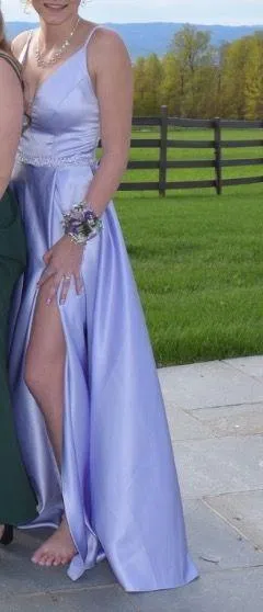 JJ's House Purple Satin A Line Open Corset Back Prom Dress - Image 4