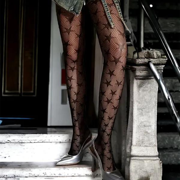Black Jacquard Fishnet‎ High Waist Footed Tights With Star Pattern One Size - Image 14
