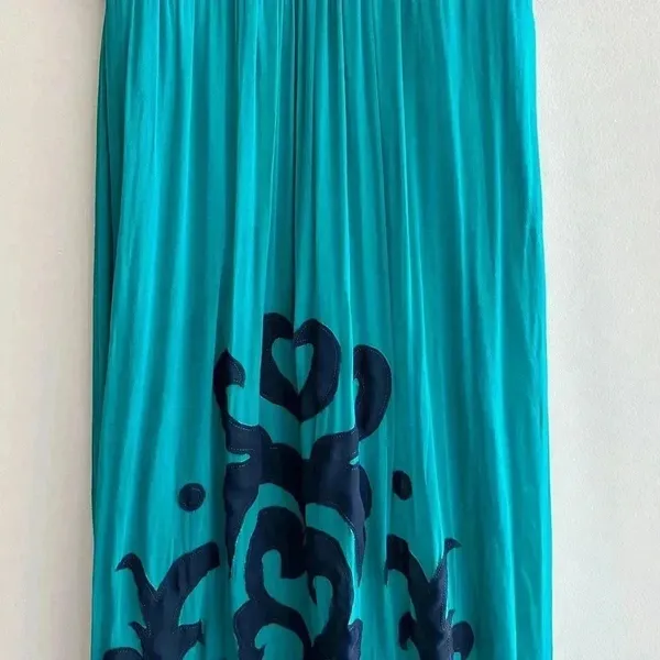 Miss Sixty Teal and Navy Blue Silk Gown Maxi Floral Dress, Size 4 - Image 3