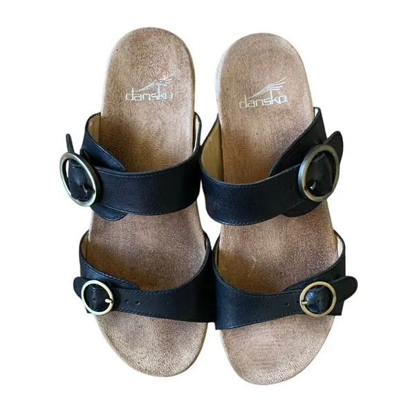 Dansko Slide Sandals Womens 39 Black Leather Buckle Wedge Clog Ergonomic‎ Boho - Image 6