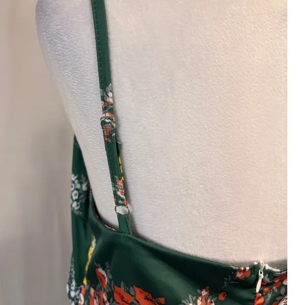 Floral Satin Cutout Tie Front Midi Dress Womens L Green Floral‎ Wedding Party - Image 4