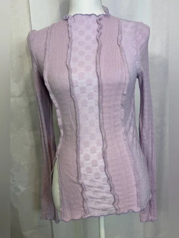 Free People Light Pink Ruffled Cable Knit Mock Turtleneck Sweater - Image 2