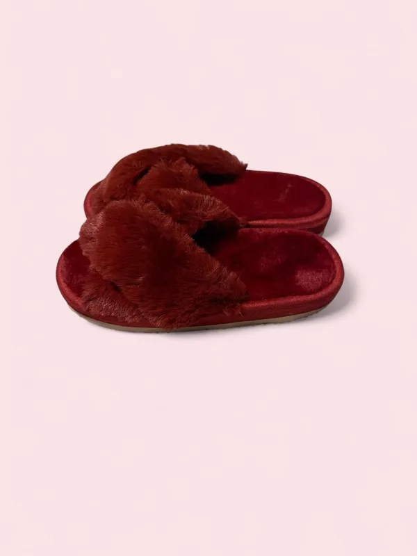Cozy Faux Fur Cross-Band Slides - Burgundy - Image 2